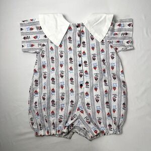 Vintage Sailboat Baby Romper One Piece Girls 18‎ Months Handmade Ruffle Bum Red